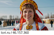 A banner for the Carnival holiday with space to copy. A girl in a traditional costume in close-up at Russian festivities. Стоковое AI-изображение, AI-художник Photojuli / Фотобанк Лори