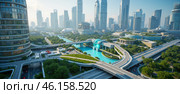 Futuristic city with towering skyscrapers, interconnected elevated highways, green rooftop gardens, urban landscape. innovative architecture, sustainable design, and efficient transportation system. Стоковое AI-изображение, AI-художник Павел Муравьев / Фотобанк Лори