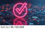 Glowing red check mark is on a dark background. Стоковое AI-видео, аниматор Sergey Grishin / Фотобанк Лори