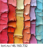 A textured surface covered with layers of paint that crack and peel off to form unique patterns. The paints are arranged in vertical stripes that transition from one color to another, creating a rainbow effect. The palette includes rich shades of red, orange, yellow, pink, lilac, blue and turquoise. The texture of the cracks and peeling fragments makes the image three-dimensional and tactile, giving it an abstract artistic style.This image evokes associations with abstract art, street graffiti and the natural processes of surface destruction. It can symbolize mutability, the cycles of time and the beauty of imperfection. Стоковое AI-изображение, AI-художник Анна Кривицкая / Фотобанк Лори