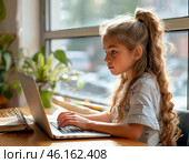 Девочка делает уроки онлайн, сидя за столом у окна. Стоковое AI-изображение, AI-художник Руслан Лесков / Фотобанк Лори