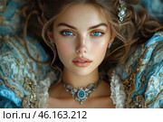 A young aristocratic girl with deep blue eyes and refined features. Her gaze is enchantingly clear, her skin is flawlessly smooth, and her lips are slightly parted, giving the image tenderness and mystery. She is dressed in a luxurious dress of the Baroque or Rococo era, embroidered with gold patterns, with puffy sleeves and lace. On her neck sparkles a precious necklace with blue stones, harmonizing with her outfit and eyes. Her hair is styled in soft curls, decorated with an elegant hairpin with stones. The atmosphere of the image is filled with elegance, luxury and royal grace. Стоковое AI-изображение, AI-художник Анна Кривицкая / Фотобанк Лори