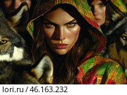 A charismatic woman with piercing yellow eyes, dressed in a bright, textured hooded cloak. Her face is illuminated by dramatic light, creating an effect of mystery. Around her are wolves, looking in different directions, which enhances the feeling of a person's connection with nature and wildness. In the background, several similar figures are visible, hidden in the shadows, which adds to the mystery and mysticism. The atmosphere of the image conveys strength, confidence, primitiveness and unity with the wild. Стоковое AI-изображение, AI-художник Анна Кривицкая / Фотобанк Лори