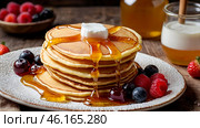 Delicious pancakes with honey, blueberries, raspberries and . The concept of the Russian holiday Maslenitsa. Стоковое AI-изображение, AI-художник Photojuli / Фотобанк Лори