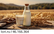 Organic natural oat milk in a glass bottle on a stylish wooden board and plants. Natural, environmentally friendly products. Стоковое AI-изображение, AI-художник Photojuli / Фотобанк Лори