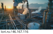 An industrial plant with smoky chimneys at sunset. Generative Ai. Стоковое AI-видео, аниматор Алексей Кузнецов / Фотобанк Лори