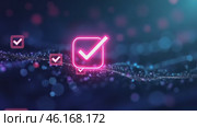 Check mark is displayed on a blue background with many other check marks. Стоковое AI-видео, аниматор Sergey Grishin / Фотобанк Лори