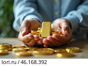 Men's hands with gold bars in the palms of their hands. A scatter of gold coins on the table. Investing in gold as a reliable tool to protect savings.  AI generative. Стоковое AI-изображение, AI-художник Роман Дзюбало / Фотобанк Лори