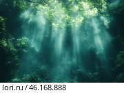 A dense tropical forest with rich greenery. Rays of sunlight penetrate through the treetops, creating a mystical and enchanting atmosphere. The light streams are scattered by the fog, making the scene look like a fairy tale or fantasy world. Leaves, ferns and other plants cover the entire visible surface, adding a sense of solitude and pristine nature. Стоковое AI-изображение, AI-художник Анна Кривицкая / Фотобанк Лори