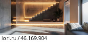 Modern interior in a minimalist style. In the center of the composition is a stylish staircase with floating steps, illuminated by warm LED lighting. The space is designed in an industrial style: concrete walls, a smooth floor with a reflective surface and large panoramic windows that let in natural light.On the left is a relaxation area with soft pillows, on the right is a green plant in a stylish flowerpot, adding naturalness to the interior. The atmosphere combines strict geometry, soft lighting and laconic elegance. Стоковое AI-изображение, AI-художник Анна Кривицкая / Фотобанк Лори