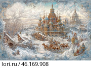A magnificent winter scene in the style of Russian folk tales. In the center of the composition rises a majestic temple with traditional Russian architecture - onion-shaped domes, richly decorated with patterns and details. Around the temple stretches a snow-covered city with wooden huts, bridges and folk life. In the foreground you can see travelers on horseback, characters in traditional Russian costumes, a winter landscape with fluffy snow and intricate patterns on the edges of the painting, giving it an artistic frame.The illustration is done in the style of elegant fairy-tale painting, reminiscent of works in the spirit of Russian miniatures and medieval chronicles. Стоковое AI-изображение, AI-художник Анна Кривицкая / Фотобанк Лори