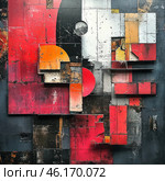 Abstract geometric composition in the style of constructivism and industrial design. The work is made using volumetric elements that create the effect of multi-layeredness and depth. The image is based on rectangular and square shapes intersecting with each other, with the addition of circular elements. The color palette is saturated with deep red, black, gray and orange shades, with effects of aged texture, scuffs and rust. The overall appearance resembles an urban industrial collage, which combines elements of metal, wood and concrete. Стоковое AI-изображение, AI-художник Анна Кривицкая / Фотобанк Лори