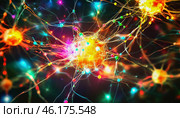 Colorful neuron cells communicating with synapses transmitting signals in brain. Стоковое AI-изображение, AI-художник Юрий Поздников / Фотобанк Лори
