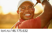 Golfer finishing swing on golf course at sunset. Стоковое AI-изображение, AI-художник Юрий Поздников / Фотобанк Лори