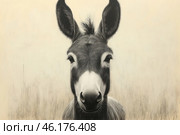 Donkey in black and white. This drawing is done in a hyperrealistic style with graphic elements, where thin lines and smooth strokes emphasize the details of the fur, texture and expressiveness of the animal.The background is muted and minimalistic, which creates a feeling of emptiness and focuses attention on the main character of the image - the donkey. His large, dark eyes look deep and thoughtful, as if conveying emotions. Long ears are raised up, which gives the image liveliness and attentiveness.The painting seems to look straight into the soul, creating an emotional connection with the viewer. This image can symbolize wisdom, patience and stubbornness, which are traditionally associated with the donkey in culture. Стоковое AI-изображение, AI-художник Анна Кривицкая / Фотобанк Лори