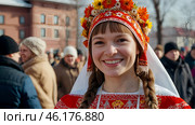 A banner for the Carnival holiday with space to copy. A girl in a traditional costume in close-up at Russian festivities. Стоковое AI-изображение, AI-художник Photojuli / Фотобанк Лори