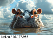 A hippopotamus looking out of the water. Its head is partially submerged, leaving only its eyes, ears and nostrils above the surface. Its powerful muzzle with textured skin and a wet sheen gives it an impressive appearance. Small hairs around the ears and nostrils emphasize the realism of the image.The background consists of water and sky with beautiful clouds, creating a sense of the animal's natural habitat. The water reflects the light, adding depth and dynamism to the scene. The hippopotamus looks directly at the camera, creating the impression of close contact with nature.The overall style of the image emphasizes the wild, yet calm energy of the animal, making it the main character of the composition. Стоковое AI-изображение, AI-художник Анна Кривицкая / Фотобанк Лори