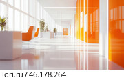A modern office or corporate interior with a minimalist design. The space is filled with natural light that comes through large glass windows. The design is done in white and orange tones: white walls, floors and ceilings create a feeling of spaciousness, while bright orange accents such as glass panels, furniture and doors add dynamics.The interior features comfortable orange chairs, glass partitions, live plants in white pots and modern lighting in the form of built-in LED strips. The space looks spacious, clean and futuristic, creating an atmosphere of innovation and productivity. Стоковое AI-изображение, AI-художник Анна Кривицкая / Фотобанк Лори