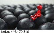 Red figure sits on top of a black ball in a field of black balls. Стоковое AI-видео, аниматор Sergey Grishin / Фотобанк Лори