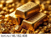 Золото, золотые слитки и самородки / Gold, gold bars and nuggets. Стоковое AI-изображение, AI-художник Петроченко Мария Петровна / Фотобанк Лори