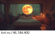 A cozy bedroom in soft evening light. In the center of the frame there is a large bed with white bed linen, and around it there is wooden furniture in a retro style: bedside tables, a chest of drawers, a desk. The room has live plants, photographs and decorative elements. However, the main element of the scene is the giant orange-yellow Moon, which seems to be hovering right outside the window. Behind it you can see a cityscape with high-rise buildings and burning lights, creating a contrast between reality and fantasy. The atmosphere is mysterious, romantic and a little surreal. Стоковое AI-изображение, AI-художник Анна Кривицкая / Фотобанк Лори