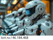 A group of advanced humanoid robots with a futuristic design. They are lined up in a row, with the front robot in focus. Their bodies are made in a white metallic style with mechanical elements and visible wires. The visors of the robots are digital screens displaying data, giving them an intelligent and high-tech look.The background is blurred, but it creates the feeling of a production or research center where these robots are being tested or activated. The lighting is warm, with a contrast between the cold metal surfaces and the orange light elements in the interior.The image conveys an atmosphere of advanced technology, artificial intelligence and a possible future in which machines play a significant role in society. Стоковое AI-изображение, AI-художник Анна Кривицкая / Фотобанк Лори