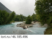 View of the Psysh River and the Amanauz-Bashi Mountain of the Northern Caucasus Mountains near the village of Arkhyz on a sunny summer day, Karachay-Cherkessia, Russia. Стоковое фото, фотограф Ula Ulachka / Фотобанк Лори