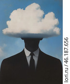Silhouette of a man in a black suit with a white shirt and tie. Instead of a head, this man has a cloud that smoothly turns into the sky. This abstract image creates a surreal effect, where the combination of a human image and a natural element evokes a feeling of unusualness and thoughtfulness. The painting is made in a style reminiscent of the works of René Magritte, a famous surrealist artist. Стоковое AI-изображение, AI-художник Анна Кривицкая / Фотобанк Лори