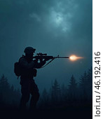 Silhouettes of military soldiers maneuver through thick fog, preparing for an active confrontation. Atmosphere is tense as the sun begins to rise. The military goes on the night attack. Generative AI. Стоковое AI-изображение, AI-художник Юлия Петровская / Фотобанк Лори