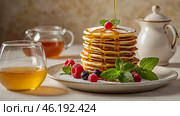 Delicious pancakes with honey and mint leaves on a stylish plate in a beige kitchen. The concept of the Russian holiday Maslenitsa. Стоковое AI-изображение, AI-художник Photojuli / Фотобанк Лори