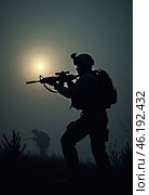 Silhouettes of military soldiers maneuver through thick fog, preparing for an active confrontation. Atmosphere is tense as the sun begins to rise. The military goes on the night attack. Generative AI. Стоковое AI-изображение, AI-художник Юлия Петровская / Фотобанк Лори