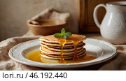 Delicious pancakes with honey and mint leaves on a stylish plate in a beige kitchen. The concept of the Russian holiday Maslenitsa. Стоковое AI-изображение, AI-художник Photojuli / Фотобанк Лори