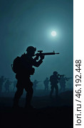 Silhouettes of military soldiers maneuver through thick fog, preparing for an active confrontation. Atmosphere is tense as the sun begins to rise. The military goes on the night attack. Generative AI. Стоковое AI-изображение, AI-художник Юлия Петровская / Фотобанк Лори