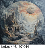 A fantastic scene reminiscent of a post-apocalyptic or dark fantasy world. In the center of the composition rises a majestic but ruined fortress city with gothic spires, mysterious arches and a staircase leading upward. The city is shrouded in thick clouds or fog, creating a sense of a mystical world hidden behind the veil of reality.In the background, one can see a huge celestial body reminiscent of the moon or another planet, illuminated by a dark orange-gray light, which adds an apocalyptic and mysterious tone to the painting. The atmosphere of the canvas is filled with drama and epic depth, as if an ancient forgotten world full of secrets and mysteries is opening up before the viewer.The color palette consists of cool grays, blues and earthy tones interspersed with warm, sunset light. The artistic style of the painting is reminiscent of dark fantasy, perhaps inspired by the work of such authors as Giger or Beksiński. Стоковое AI-изображение, AI-художник Анна Кривицкая / Фотобанк Лори