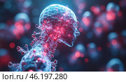 A futuristic human figure made of a translucent material resembling liquid or glass. Within the structure glowing red energy pulses are visible, similar to electrical signals or neural connections. The background is blurred, with red and blue highlights creating the effect of a cybernetic environment. The image symbolizes the fusion of technology and biology, possibly artificial intelligence, cybernetic intelligence, or digital evolution. Стоковое AI-изображение, AI-художник Анна Кривицкая / Фотобанк Лори