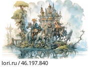 A fantastic scene, executed in the style of a detailed watercolor illustration. A group of riders on majestic horses moves through a marshy area, surrounded by fog and bizarre trees. They are heading towards a fairy-tale castle with many turrets, which seems to float in the air, shrouded in mystical light. One of the riders wears a wide-brimmed hat with feathers and a richly decorated suit, reminiscent of the outfits of the musketeers. The other rider is an old man in a long cloak, with a flowing beard, holding the reins with confidence. The atmosphere of the image is filled with mystery and a sense of adventure. Стоковое AI-изображение, AI-художник Анна Кривицкая / Фотобанк Лори