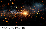 A spectacular moment of sparking and flying fire particles. The central point of the flash stands out against the dark background, creating a contrast between the bright, golden-orange sparks and the black background. Many small sparks scatter in different directions, giving the picture dynamism and a sense of movement. The smoke formed during combustion complements the atmosphere of warmth and energy. Стоковое AI-изображение, AI-художник Анна Кривицкая / Фотобанк Лори