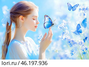 Волшебное лето, девочка с синими бабочками. Стоковое AI-изображение, AI-художник Щеголева Ольга / Фотобанк Лори