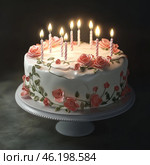 A festive cake decorated with snow-white icing and delicate pink flowers made of cream or mastic. Thin green branches with small flowers twist along its surface, creating an exquisite decor. The cake has burning candles in a pink and white stripe, which creates a warm and cozy atmosphere. The cake stands on an elegant white stand, and the dark background makes it even more expressive. Стоковое AI-изображение, AI-художник Анна Кривицкая / Фотобанк Лори