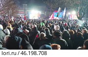 Sremska Mitrovica, Serbia 15.02.2025: Speech by Aleksandar Vucic, Serbian statesman and politician, President of the Republic of Serbia. Supporters gathered at rally, waving flags and chanting slogans (2017 год). Редакционное видео, видеограф Юлия Петровская / Фотобанк Лори