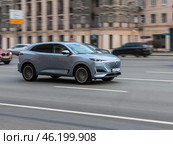 Blue Changan UNI-K SUV car on the city road. Fast moving vehicle on Moscow streets. Compliance with speed limits on the road. Редакционное фото, фотограф Константин Григорьев / Фотобанк Лори
