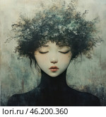 A mystical and atmospheric digital painting depicting a young girl with closed eyes and a thoughtful expression. Her face is pale, almost porcelain, with delicate features and a soft blush on her lips. Her hair seems to merge with nature, turning into a thick mass reminiscent of foliage or moss, creating the effect of merging with the surrounding world. The girl is dressed in dark, almost abstract clothing that dissolves into the background. The overall color tone of the painting is cold, with gray, blue-green and black shades, which gives the work mystery and depth. Стоковое AI-изображение, AI-художник Анна Кривицкая / Фотобанк Лори