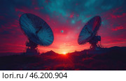 Fantastic digital art depicting two huge radio telescopes pointing into the sky against the backdrop of a stunning sunset. The red and pink hues of the sunset mix with the deep blue and turquoise tones of the sky, creating a dramatic contrast. In the center of the composition is a bright point of light - perhaps a star or an enigmatic object symbolizing a cosmic mystery. The antennas look monumental and technological, creating an atmosphere of scientific research, research into extraterrestrial signals and communication with the Universe. Стоковое AI-изображение, AI-художник Анна Кривицкая / Фотобанк Лори