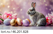 The concept of a bright Easter holiday. Delicate Easter eggs, a gray rabbit and tulip flowers on a pastel watercolor background with delicate veins. Стоковое AI-изображение, AI-художник Photojuli / Фотобанк Лори