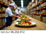 Mediterranean cuisine. Chefs prepare a dish for serving in a restaurant in a kitchen with a long table. Delivery department. Стоковое AI-изображение, AI-художник Коханова Наталья / Фотобанк Лори