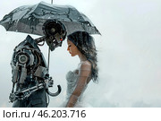 Male robot shelters woman from rain with an umbrella. Love date. Future of communications. Стоковое AI-изображение, AI-художник Алла Чесноковва / Фотобанк Лори