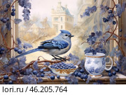 An exquisite painting in the style of a classic watercolor. In the center of the scene is a bluebird, perhaps a cerulean fairywren or jay, perched on a grape vine. Around it are clusters of dark grapes, a bowl of berries, and an elegant porcelain cup with gold trim and blue patterns. In the distance, an ancient castle or manor house can be seen, creating an atmosphere of coziness and fairytale. The painting is filled with autumnal hues, soft blues and golds that give the scene a refined quality. Стоковое AI-изображение, AI-художник Анна Кривицкая / Фотобанк Лори