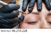 Крупным планом процесс микроблейдинга для улучшения бровей и красоты лица. Стоковое AI-изображение, AI-художник Anna Leeva / Фотобанк Лори