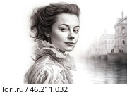 A portrait of a young woman in a vintage or historical style, done in monochrome colors. She is wearing an elegant dress with a high collar decorated with lace, which is reminiscent of the fashion of the 19th or early 20th century. Her gaze is soft, but at the same time confident, conveying nobility and sophistication. The background is blurred, on it you can guess the outlines of classic European buildings, perhaps an old city by the water, which gives the picture a romantic and mysterious atmosphere. Стоковое AI-изображение, AI-художник Анна Кривицкая / Фотобанк Лори