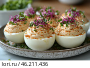A delicious and aesthetically pleasing dish, deviled eggs are served on a stylish ceramic plate. The whites are cut in half and filled with an airy, creamy filling, probably made from yolks, mayonnaise and mustard. The surface is sprinkled with paprika, which adds a slight piquancy and contrasting color. Fresh microgreens and purple sprouts serve as decoration, adding brightness and freshness to the dish. The background is blurred, creating a feeling of coziness and gastronomic sophistication. Стоковое AI-изображение, AI-художник Анна Кривицкая / Фотобанк Лори